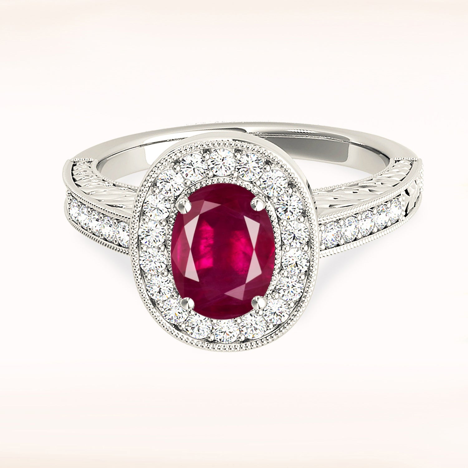 2.07 ct. Genuine Oval Ruby Ring with 0.35 ctw. Diamond Halo And Filigree Diamond Band-VIRABYANI